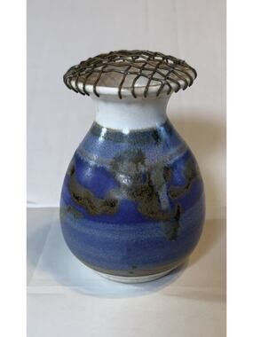 Artisan Studio Art Pottery Vase Flower Metal Frog Floral Arranging Small Blue